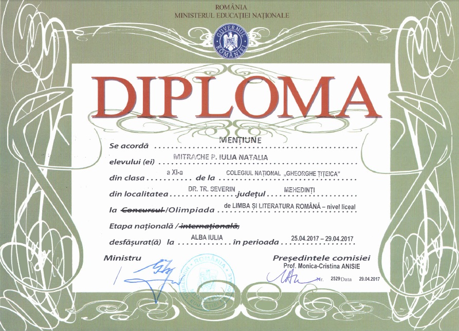 Diploma - Mentiune Olimpiada Nationala de Romana (OLLR) Alba Iulia 2017