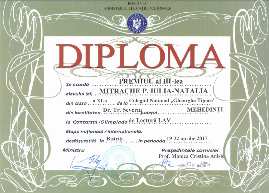 Diploma - Premiul III Olimpiada Nationala de Lectura Bistrita 2017 (OLAV)